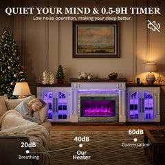 HolliWill 104" Fireplace TV Stand for TVs Up to 100 Inch, LED Electric Fireplace with Mantel and Sideboard Cabinets, Entertainment Center with 4 Glass Doors and Outlet, Modern for Living Room