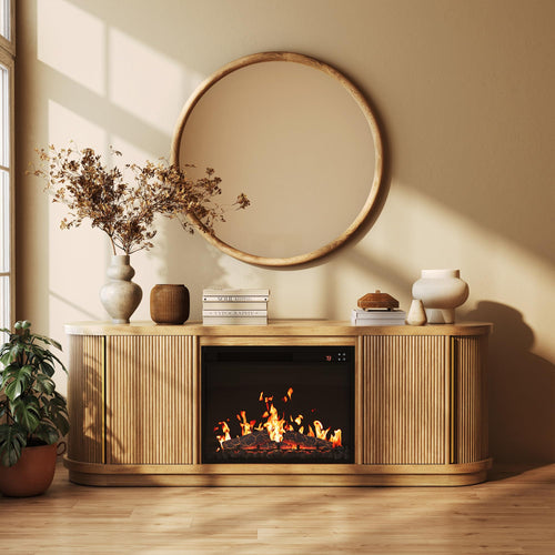 BELLEZE 67" Fluted TV Stand with Electric Fireplace Heater w/Sound, Curved Entertainment Center with Sliding Tambour Doors, Media Console Table for TV up to 75" for Living Room (Camel)