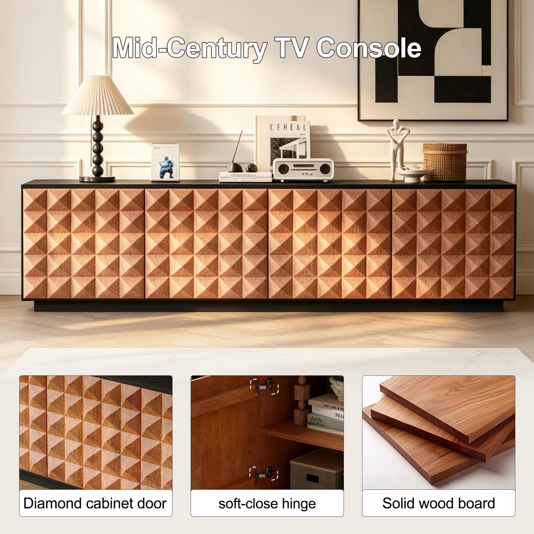 Upwivkre 85 Inch Mid-Century Modern TV Stand, Black Walnut Entertainment Center with Diamond Pattern Doors, Storage Cabinets & Media Console for Living Room