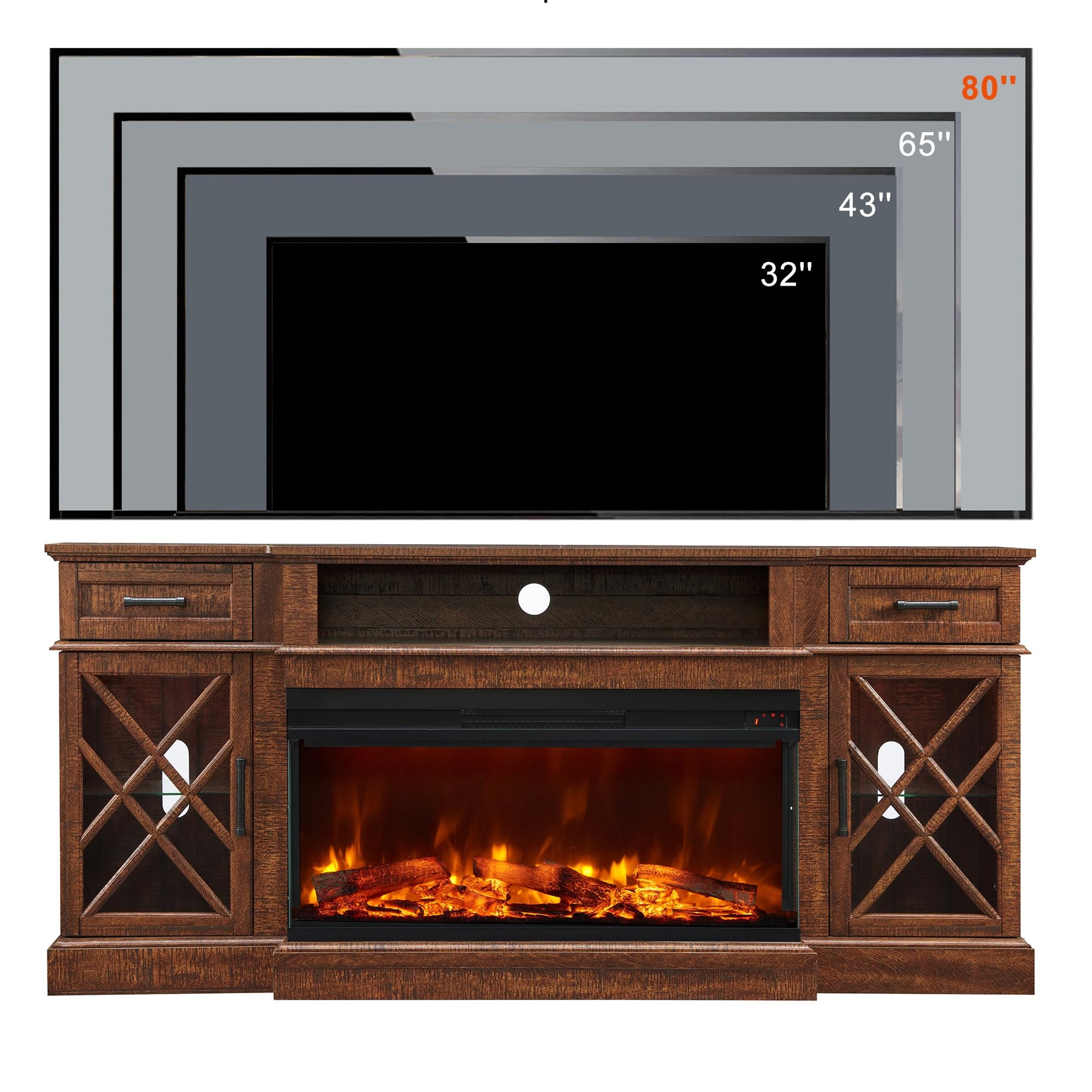 OKD 3-Sided Glass Farmhouse Electric Fireplace TV Stand for TVs up to 80'', Highboy Entertainment Center with Glass Door Storage Cabinet, 70'' Large TV Stands with 36'' Fireplace, Antique White