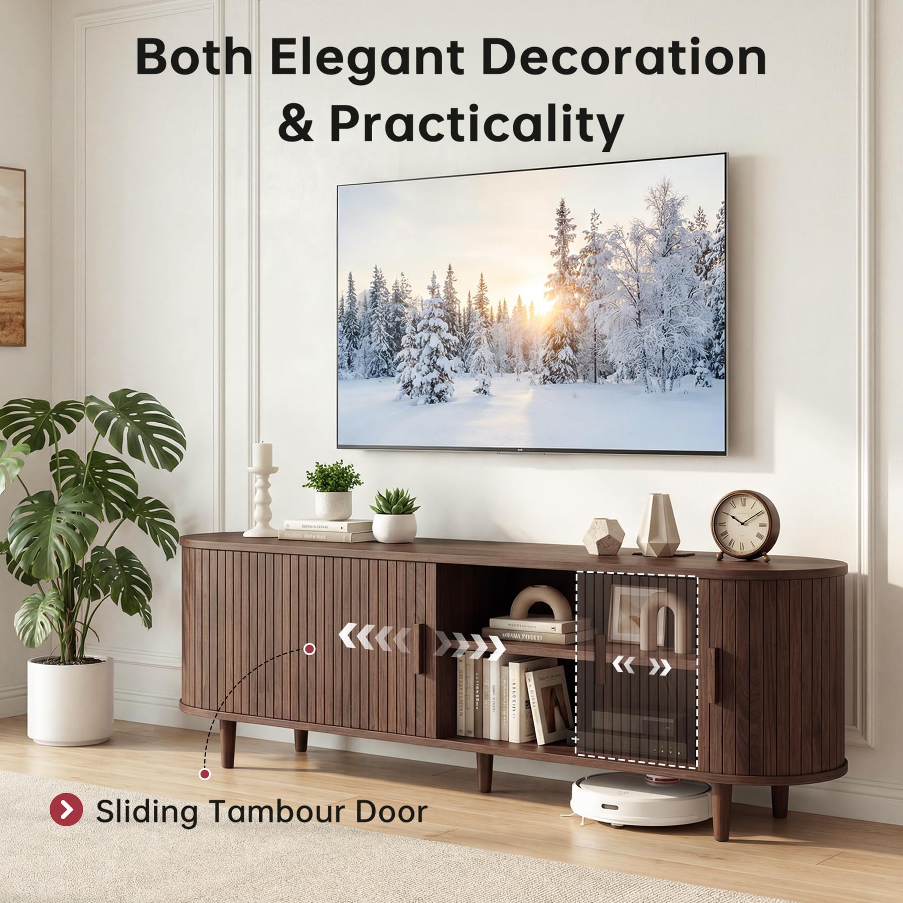 OneBlis 70" Mid Century Modern TV Stand, Wood TV Consoles with Sliding Doors and Power Outlet, Entertainment Center with Adjustable Shelves, Fluted TV Stands for Living Room, Walnut