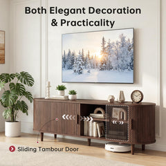 OneBlis 70" Mid Century Modern TV Stand, Wood TV Consoles with Sliding Doors and Power Outlet, Entertainment Center with Adjustable Shelves, Fluted TV Stands for Living Room, Walnut