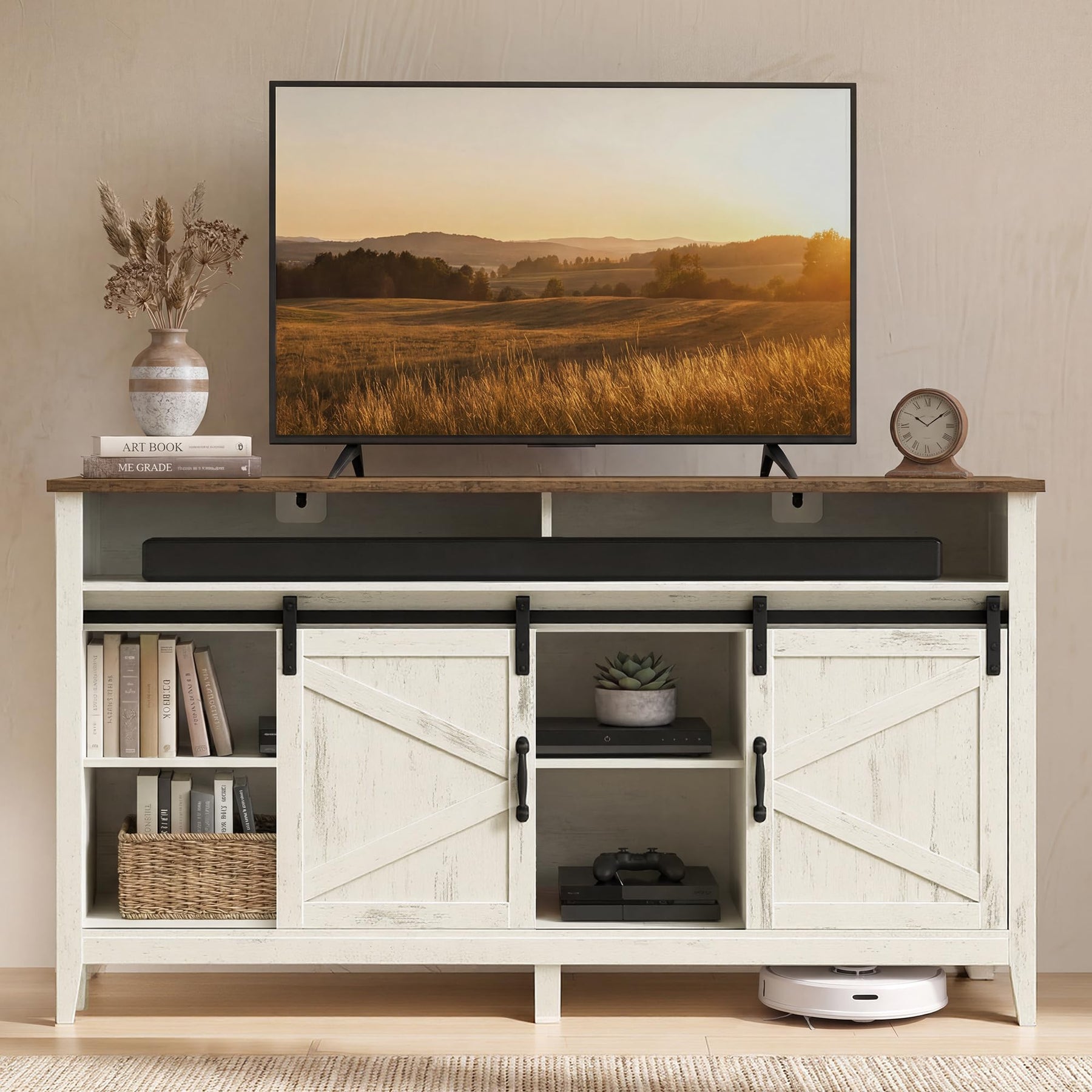 VASAGLE Tall Farmhouse TV Stand, Entertainment Center with Barn Doors, Storage Media Console Table for Living Room, 58.3 x 15.7 x 31.9 Inch, Rustic White and Honey Brown, LIRY Collection ULTV031W101S