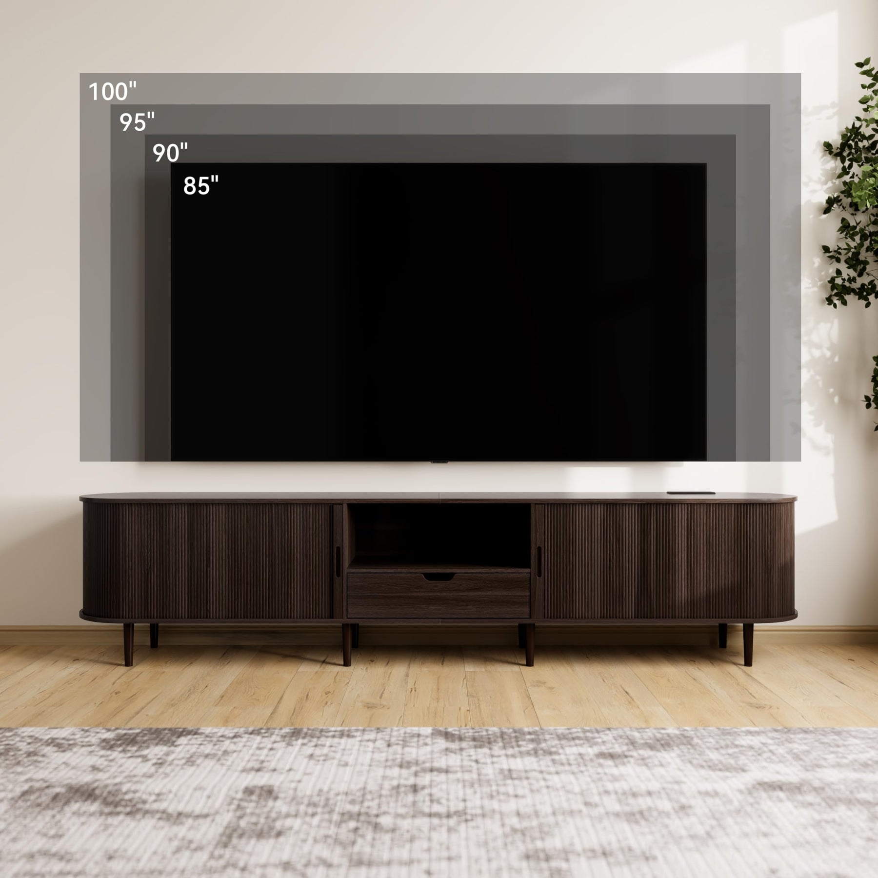 DHH 86.6" Fluted TV Stand with Power Outlet for TVs up to 90", TV Console with Adjustable Shelves and Sliding Door,Mid Century Modern Entertainment Center for Living Room,Bedroom (Walnut)