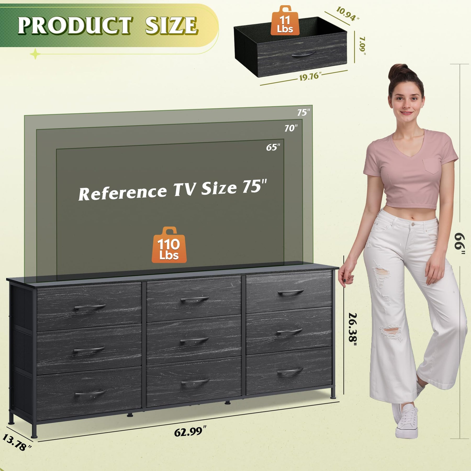 WLIVE Dresser TV Stand for 75 Inch TV, 9 Drawer Dresser for Bedroom, Black
