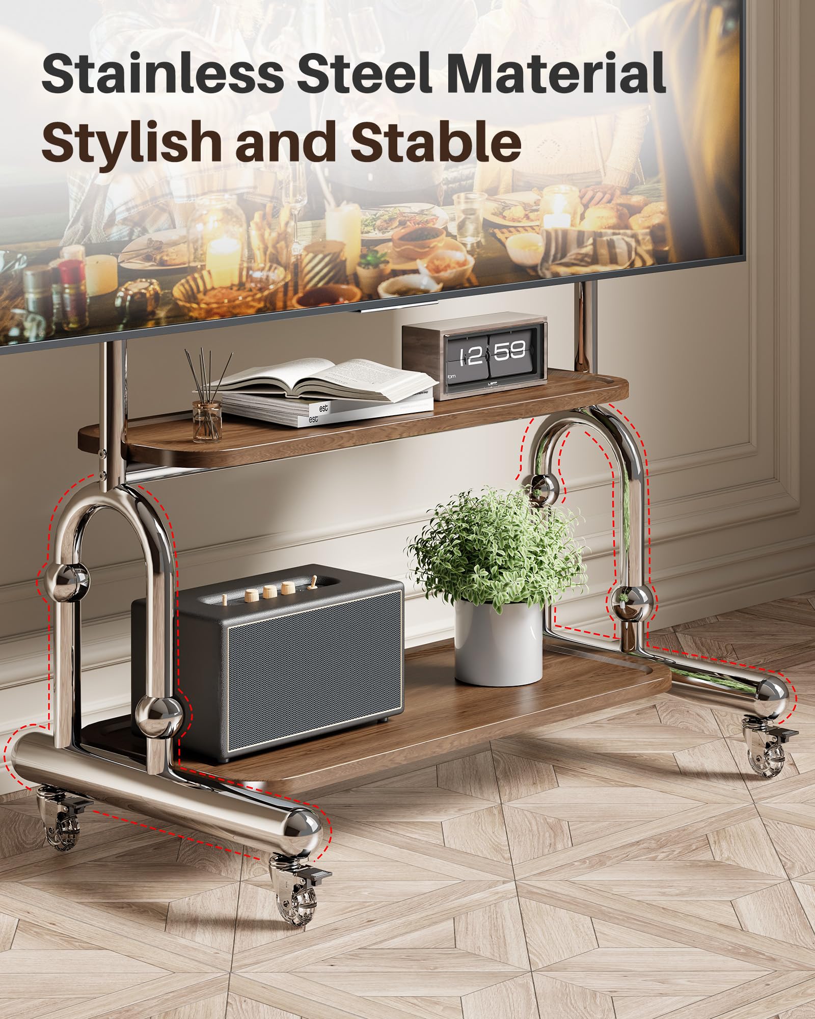 Stainless Steel Rolling TV Stand for 32 to 75 Inch TVs with Dual Shelves