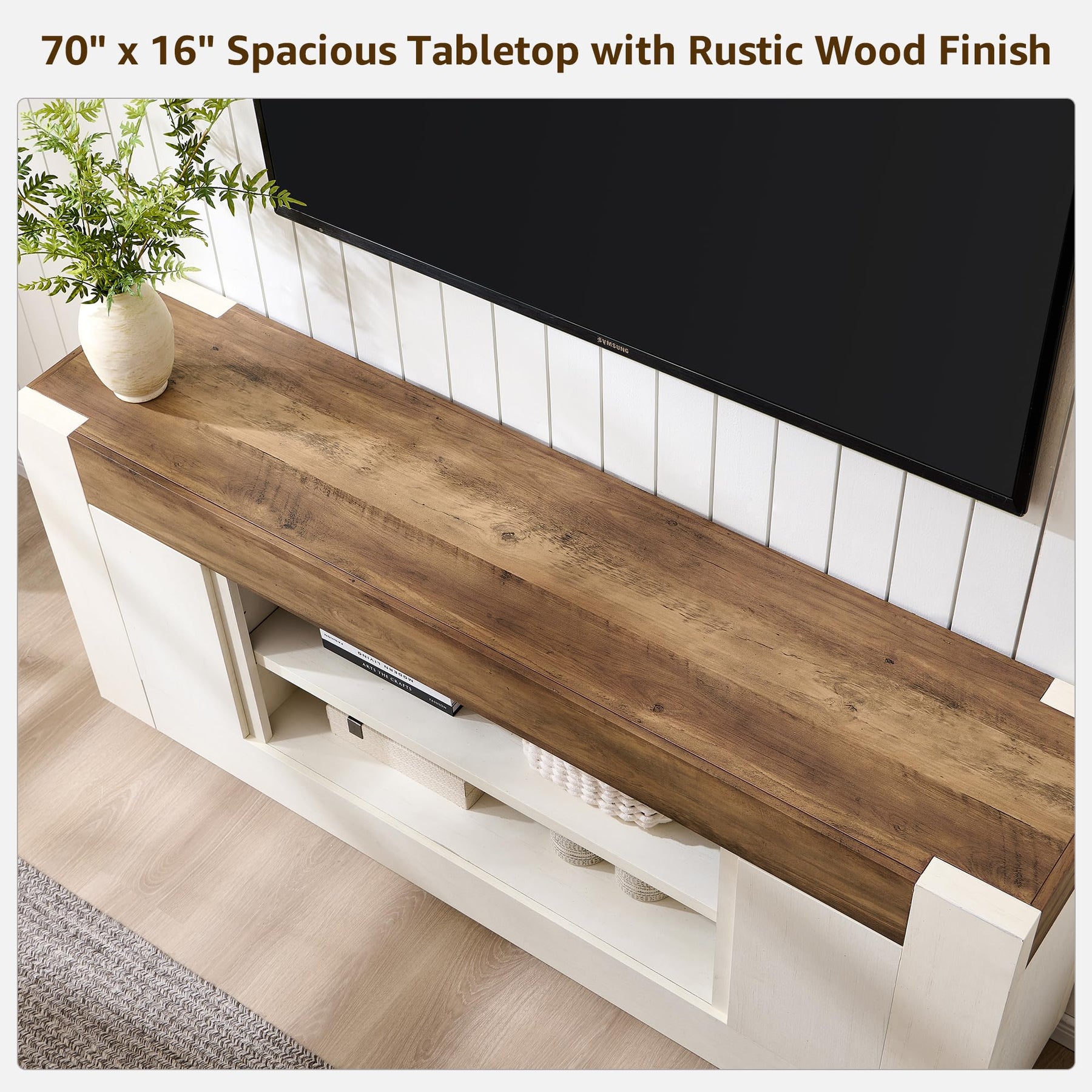 OKD 70" TV Stand for 80" TV, Thick Block Media Console, Antique White