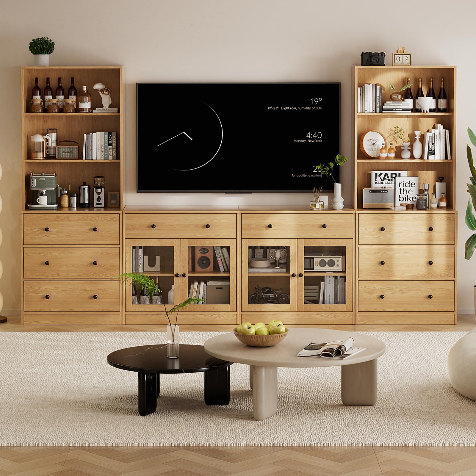 TUSY 71" Large TV Stand Set - TV Entertainment Center for TVs up to 65", Media Center with Tempered Glass Doors and Drawer, TV Hutch with Bookshelves for Living Room (White, BDDB)