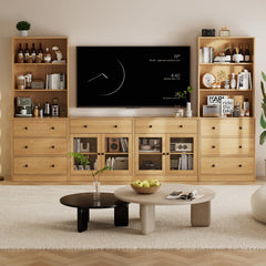 TUSY 71" Large TV Stand Set - TV Entertainment Center for TVs up to 65", Media Center with Tempered Glass Doors and Drawer, TV Hutch with Bookshelves for Living Room (White, BDDB)