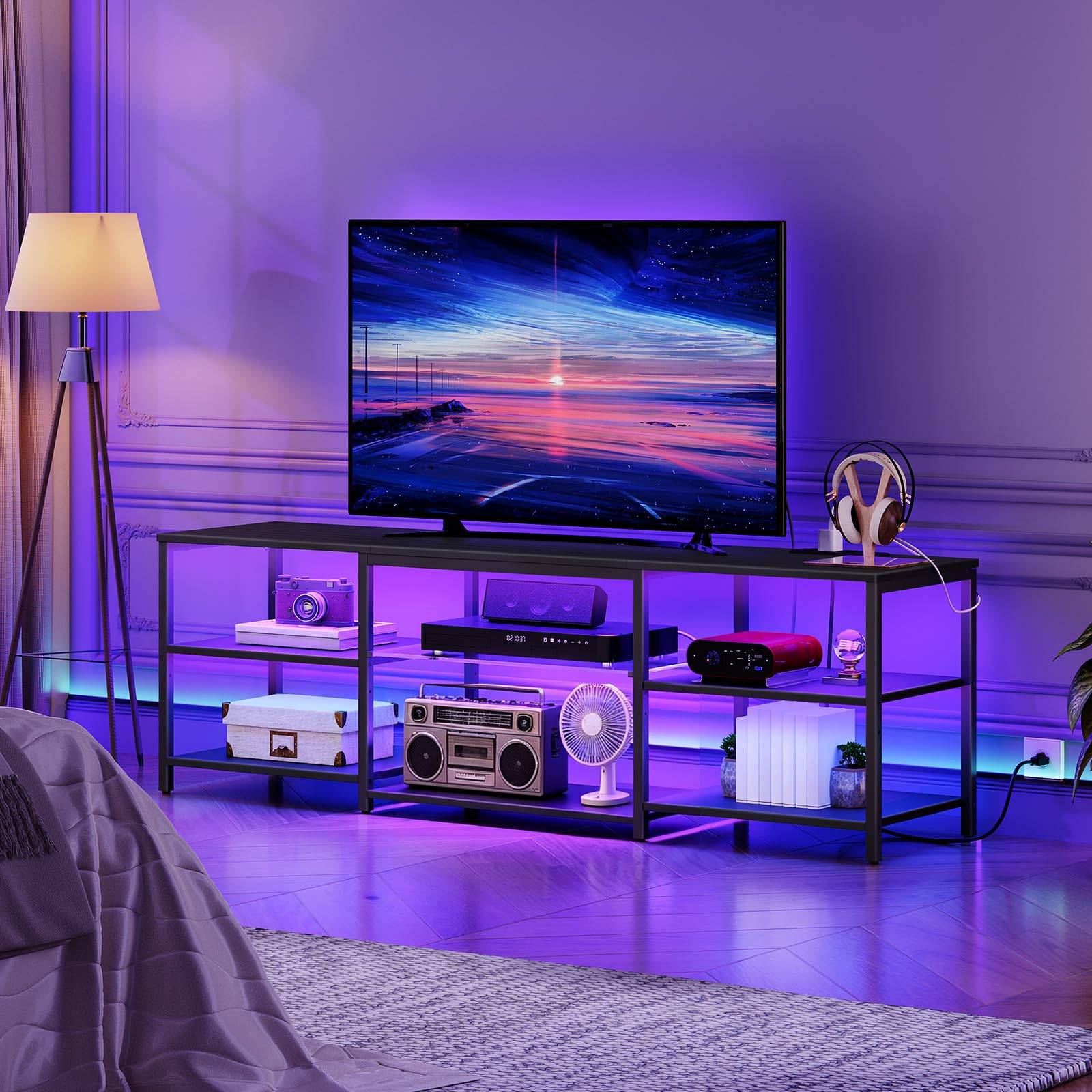 HOOBRO LED TV Stand for 75 Inch TVs with Charging Station, Gaming Entertainment Center with 3-Tier Open Storage, Long 70.1” Media TV Console Table, TV Stand for Living Room, Bedroom, Black BB22UDDS01