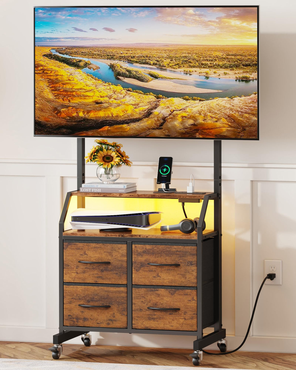 GYIIYUO Rolling TV Stand with Mount & 4 Fabric Drawers for 32-75 inch TVs