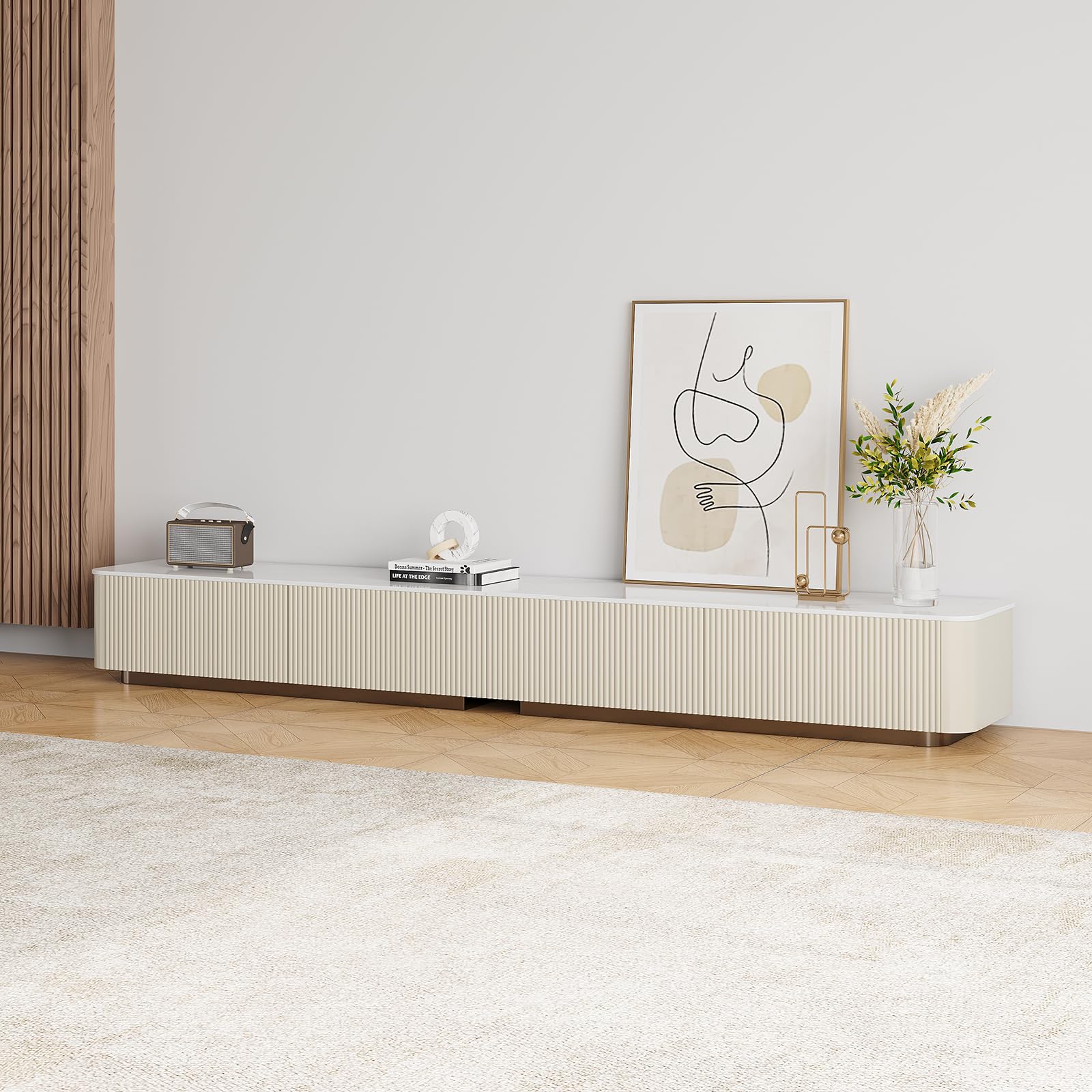 94.5" Fully Assembled TV Console, White TV Stand with Sintered Stone Top