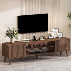 YOSHOOT 63" TV Stand for Living Room, Mid Century Modern Entertainment Center with Power Outlet Fit TVs Up to 70 inch, Fluted Media Console with Open Shelves and Storage Cabinets for Bedroom, Natural