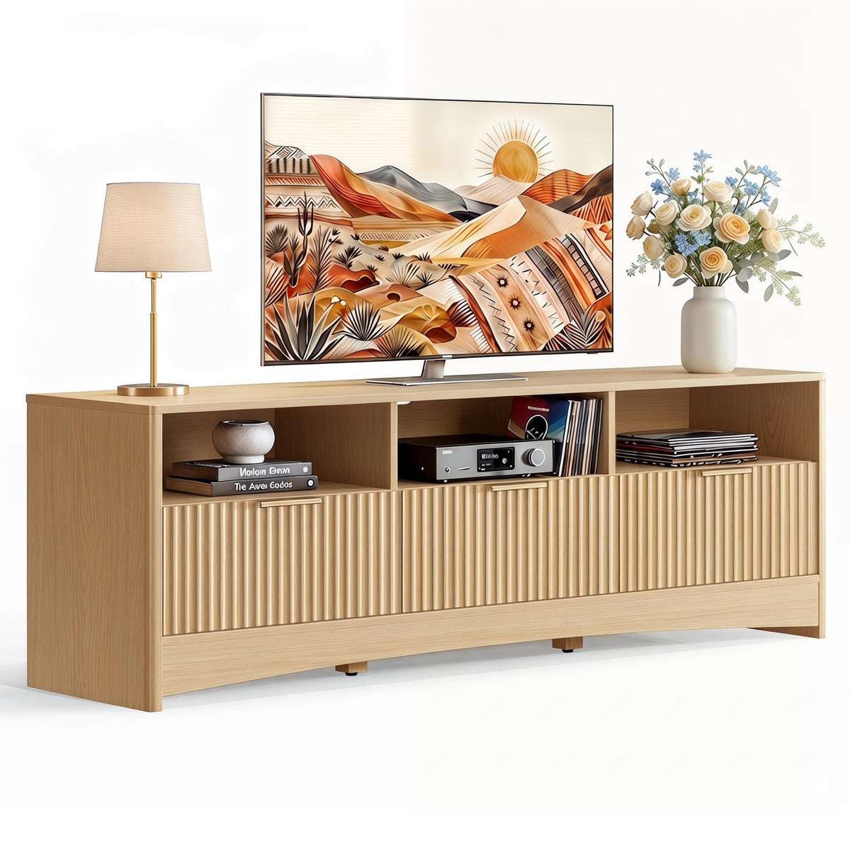 Marsail Fluted TV Stand for 65 inch TV, Modern Entertainment Center with Drawers, Boho TV Stands Wood Media Console Cabinet with Storage and Shelves, TV Consoles for Living Room, Bedroom, Oak
