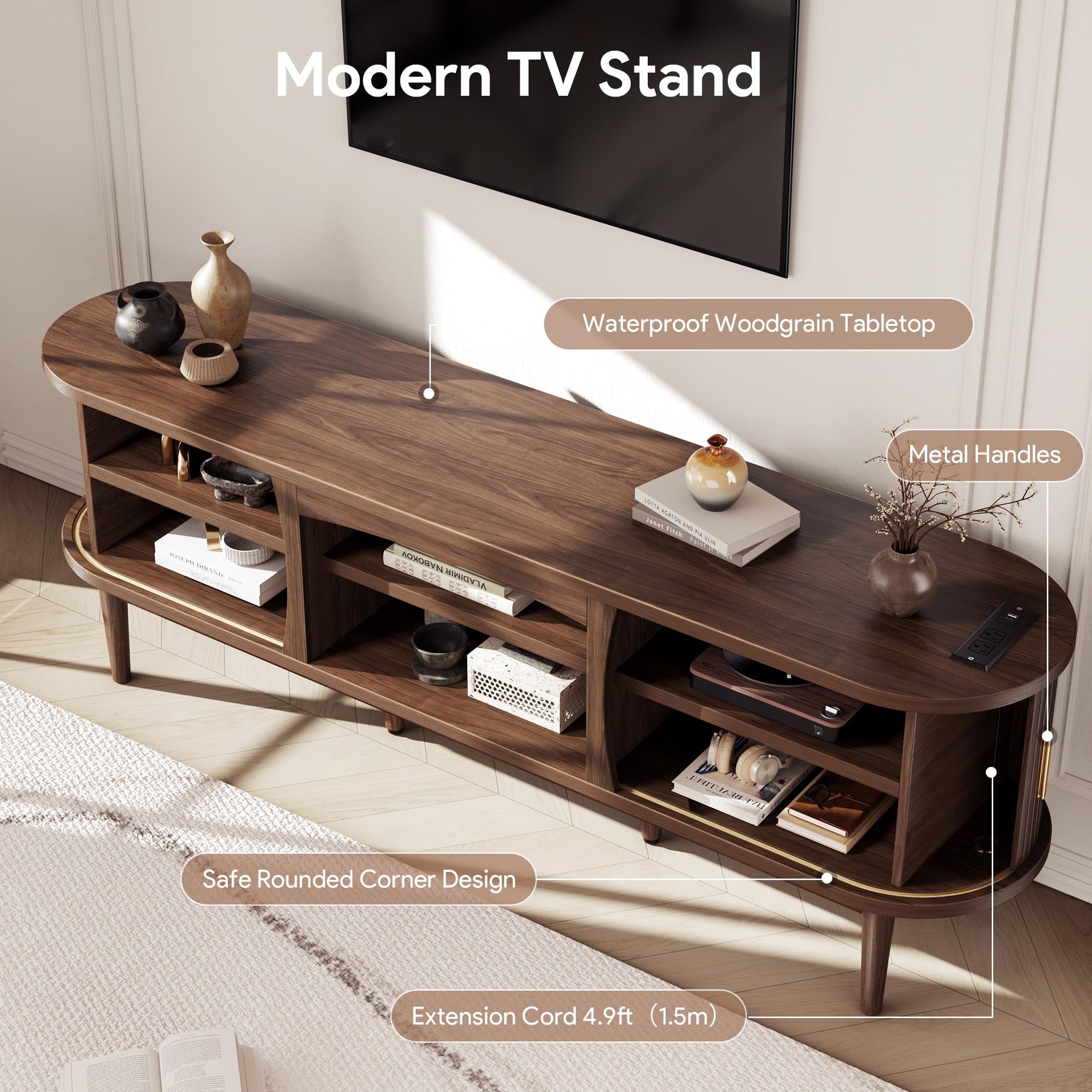 Decofy Mid Century TV Stand for TVs up to 80 Inches, Entertainment Center with Storage, Power Outlet, Fluted Sliding Doors & Adjustable Shelves, Modern Media TV Console Table for Living Room (Walnut)