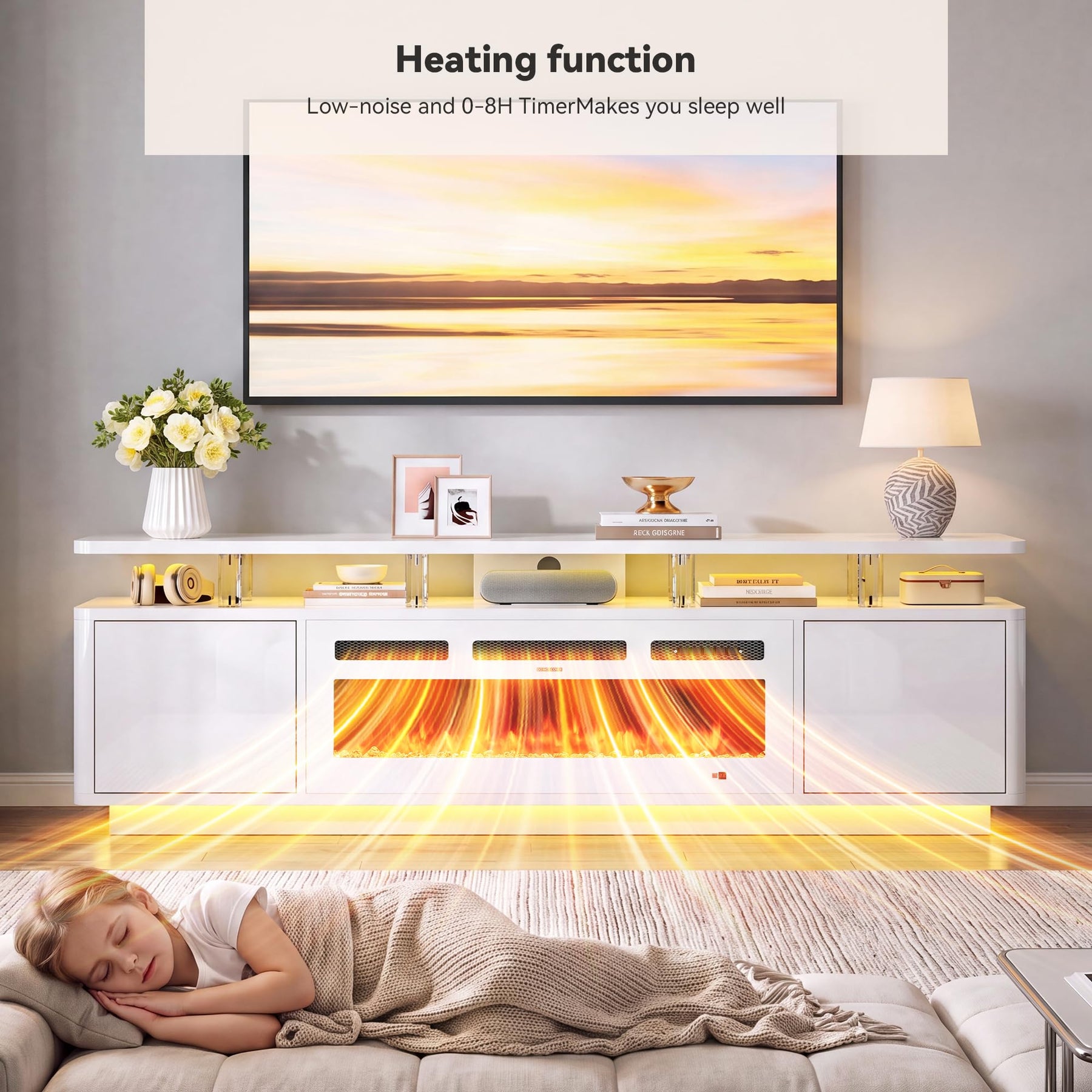 OneBlis 70" Fireplace TV Stand with Double LED Lights for TVs UP to 80", Electric Fireplace Entertainment Center with Storage Cabinets, TV Console for Living Room, Office, Black1