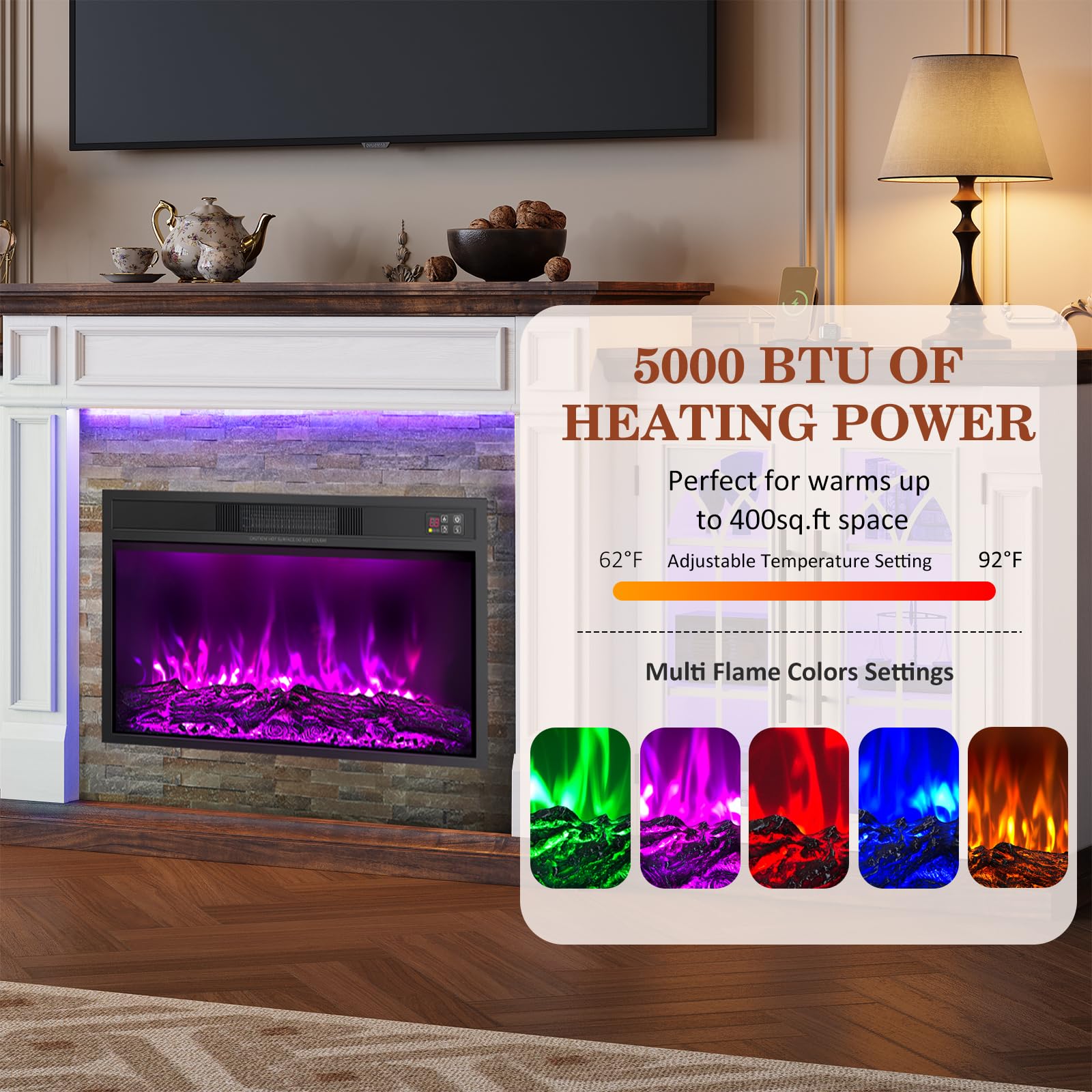 HolliWill 104" Fireplace TV Stand for TVs Up to 100 Inch, LED Electric Fireplace with Mantel and Sideboard Cabinets, Entertainment Center with 4 Glass Doors and Outlet, Modern for Living Room