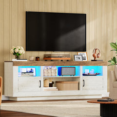 TEENFON 67" TV Stand for 75 inch TV, Entertainment Center with LED Lights | TV Console, Media Console Table with Open Storage & Side Cabinets, TV Stands for Living Room, Bedroom, Natural Knotty Oak