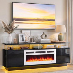 OneBlis 70" Fireplace TV Stand with Double LED Lights for TVs UP to 80", Electric Fireplace Entertainment Center with Storage Cabinets, TV Console for Living Room, Office, Black1
