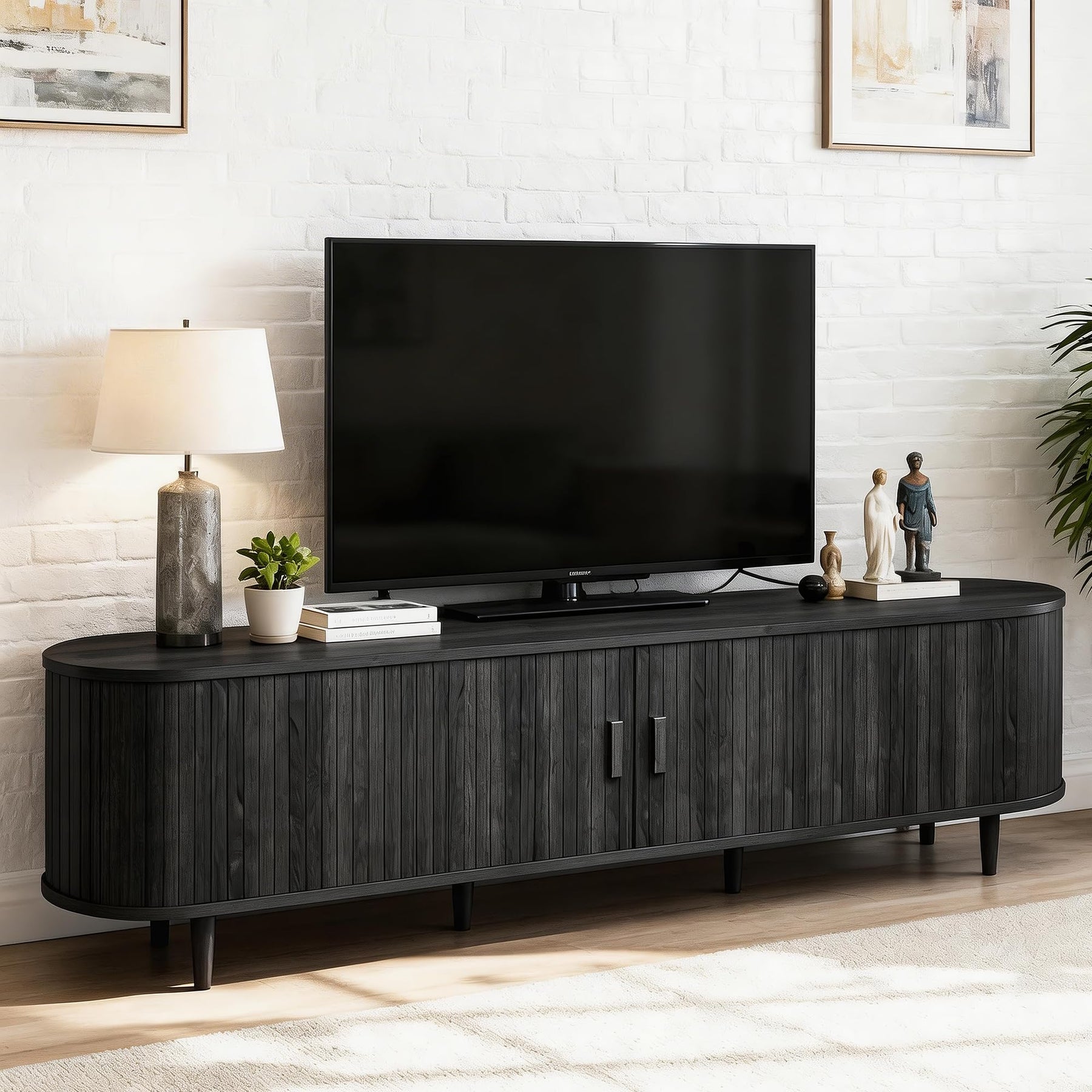 OneBlis 70" Mid Century Modern TV Stand, Wood TV Consoles with Sliding Doors and Power Outlet, Entertainment Center with Adjustable Shelves, Fluted TV Stands for Living Room, Walnut