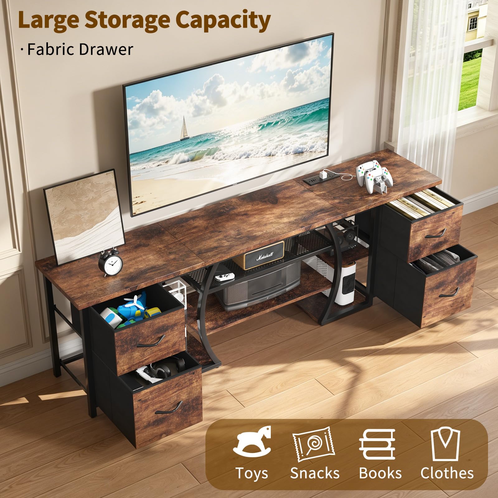 ZHNSYDN LED TV Stand for 65, 70, 80 Inch TV,71 Inch Industrial Entertainment Center with Power Outlets,Media Console Table with Open Storage Shelves & Fabric Drawers for Living Room Bedroom,Greige