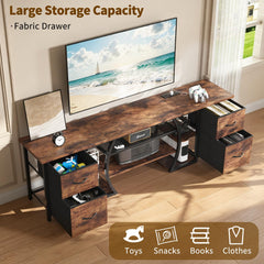 ZHNSYDN LED TV Stand for 65, 70, 80 Inch TV,71 Inch Industrial Entertainment Center with Power Outlets,Media Console Table with Open Storage Shelves & Fabric Drawers for Living Room Bedroom,Greige