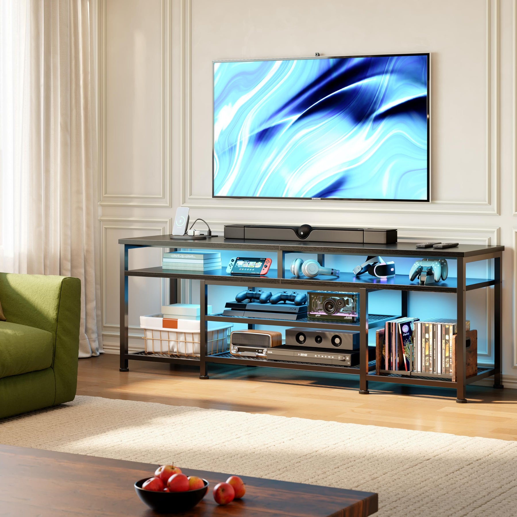 Furologee TV Stand with Power Outlets and LED Lights, 63 Inch Entertainment Center for 60 65 70 Inch TVs, Media Console Table with Open Shelves, for Bedroom, Living Room, Black