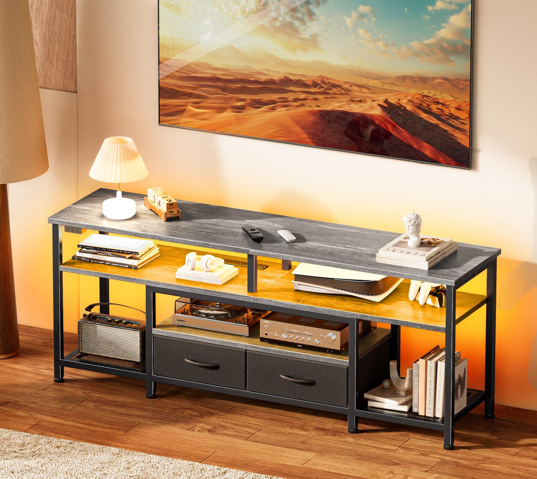 Huuger 63 Inch LED TV Stand for 65 70 Inch TV, Entertainment Center with Open Shelves and Power Outlets, TV Console for Living Room, Media Console with Drawers, Black