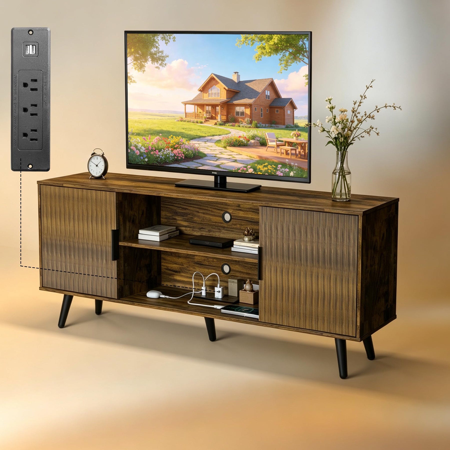 ACOHOOK Walnut 60" Mid-Century TV Stand with Storage Open Shelf