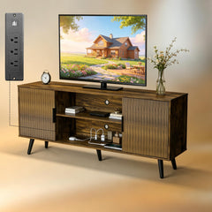 ACOHOOK Walnut 60" Mid-Century TV Stand with Storage Open Shelf