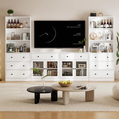 TUSY 71" Large TV Stand Set - TV Entertainment Center for TVs up to 65", Media Center with Tempered Glass Doors and Drawer, TV Hutch with Bookshelves for Living Room (White, BDDB)