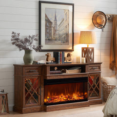 OKD 3-Sided Glass Farmhouse Electric Fireplace TV Stand for TVs up to 80'', Highboy Entertainment Center with Glass Door Storage Cabinet, 70'' Large TV Stands with 36'' Fireplace, Antique White