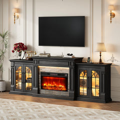 HolliWill 104" Fireplace TV Stand for TVs Up to 100 Inch, LED Electric Fireplace with Mantel and Sideboard Cabinets, Entertainment Center with 4 Glass Doors and Outlet, Modern for Living Room