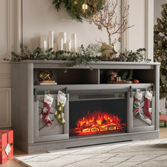 YESHOMY 58" Farmhouse TV Stand for TVs up to 65", Sliding Barn Doors, White