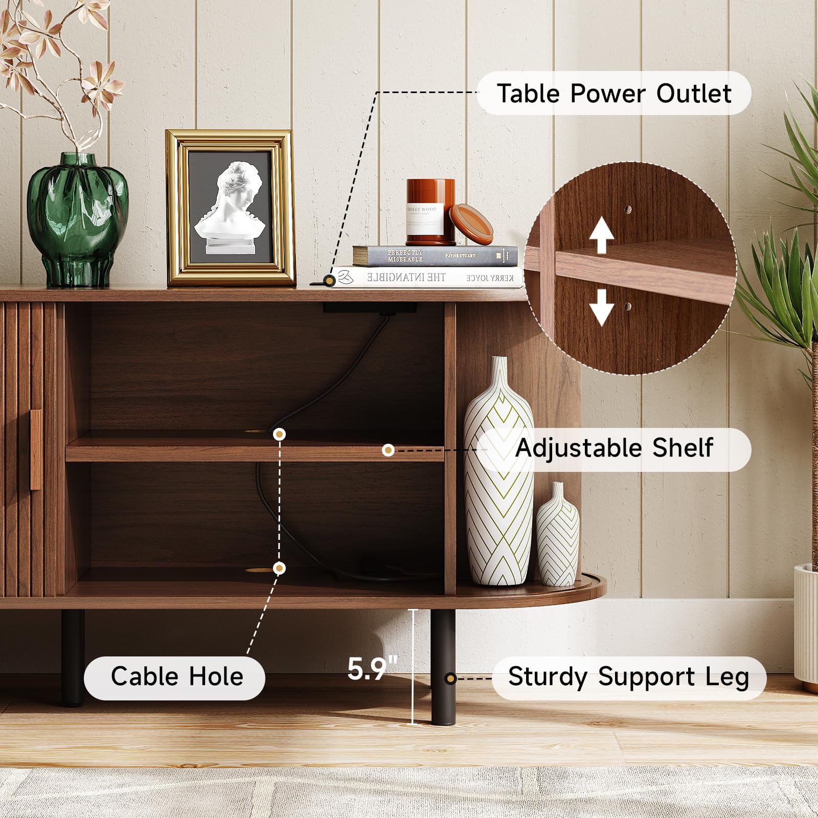 ONBRILL 70.8" TV Stand with Power Outlet for TVs up to 75 Inch, Entertainment Center with Storage and Adjustable Shelves, Modern Media Console with Sliding Doors for Living Room, Walnut