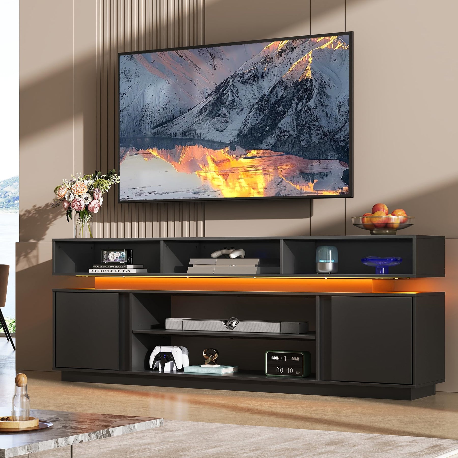 WLIVE Modern TV Stand for 75 Inch TV, 2 Tier Entertainment Center with RGB LED Lights & Storage Cabinets, Media TV Console Gaming Television Stands for Living Room, Bedroom, Black
