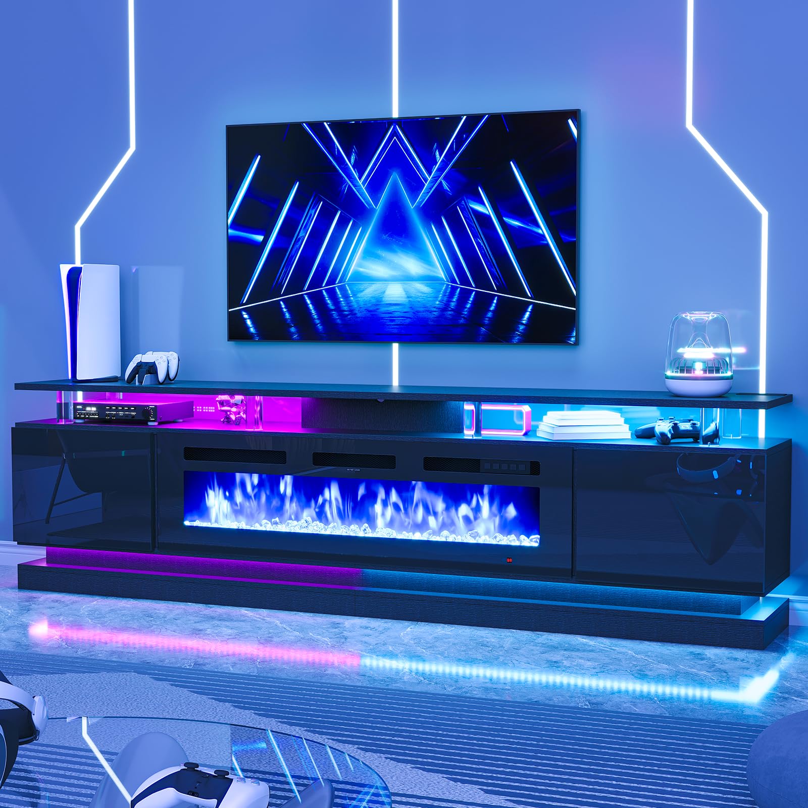 Nordivale 70" Fireplace TV Stand, Modern Entertainment Center for TVs Up to 80”, TV Console with Storage Cabinets, Media Console for Living Room, Black TV Stand and Black Fireplace