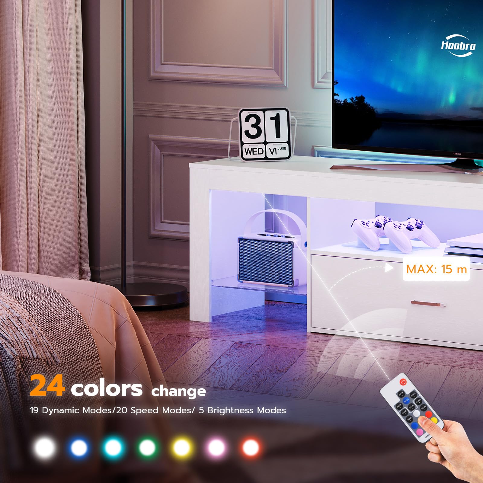 HOOBRO LED TV Stand with Power Outlets to 65 inch TV, Gaming Entertainment Center with Glass Shelves and Large Drawer, Modern Media TV Console Table for Living Room Bedroom, Black BB14UDDS01G1