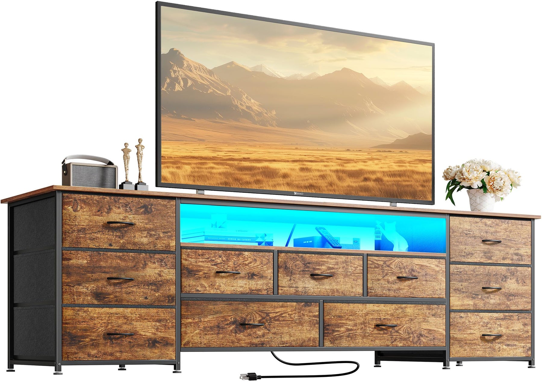 Huuger 63 Inch TV Stand for 65, 70 Inch TV, 11 Drawer Long Dresser with Power Outlets and LED Lights, Entertainment Center with Storage, Black Dresser with PU Leather Surface