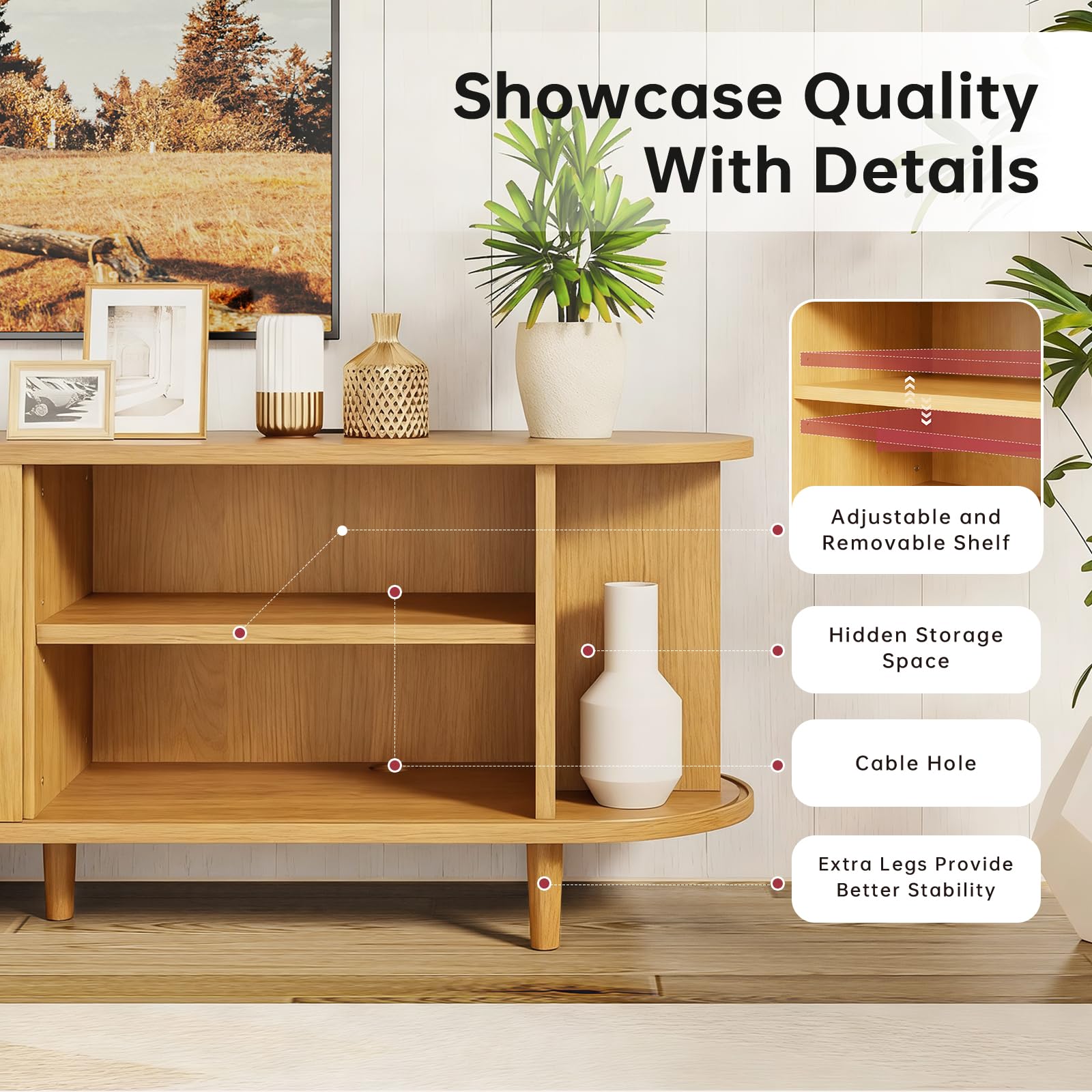OneBlis 70" Mid Century Modern TV Stand, Wood TV Consoles with Sliding Doors and Power Outlet, Entertainment Center with Adjustable Shelves, Fluted TV Stands for Living Room, Walnut