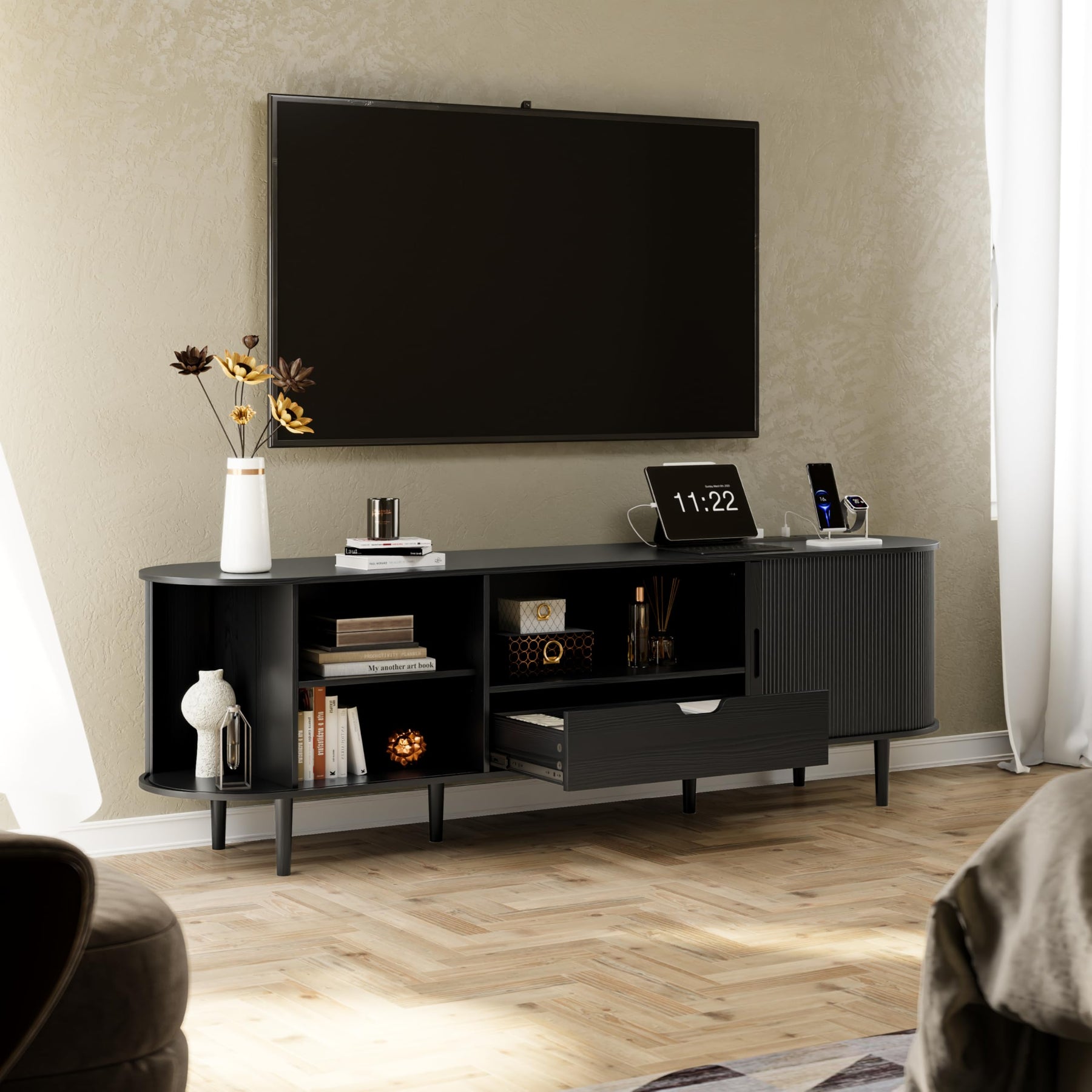 DHH 86.6" Fluted TV Stand with Power Outlet for TVs up to 90", TV Console with Adjustable Shelves and Sliding Door,Mid Century Modern Entertainment Center for Living Room,Bedroom (Walnut)