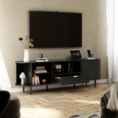 DHH 86.6" Fluted TV Stand with Power Outlet for TVs up to 90", TV Console with Adjustable Shelves and Sliding Door,Mid Century Modern Entertainment Center for Living Room,Bedroom (Walnut)