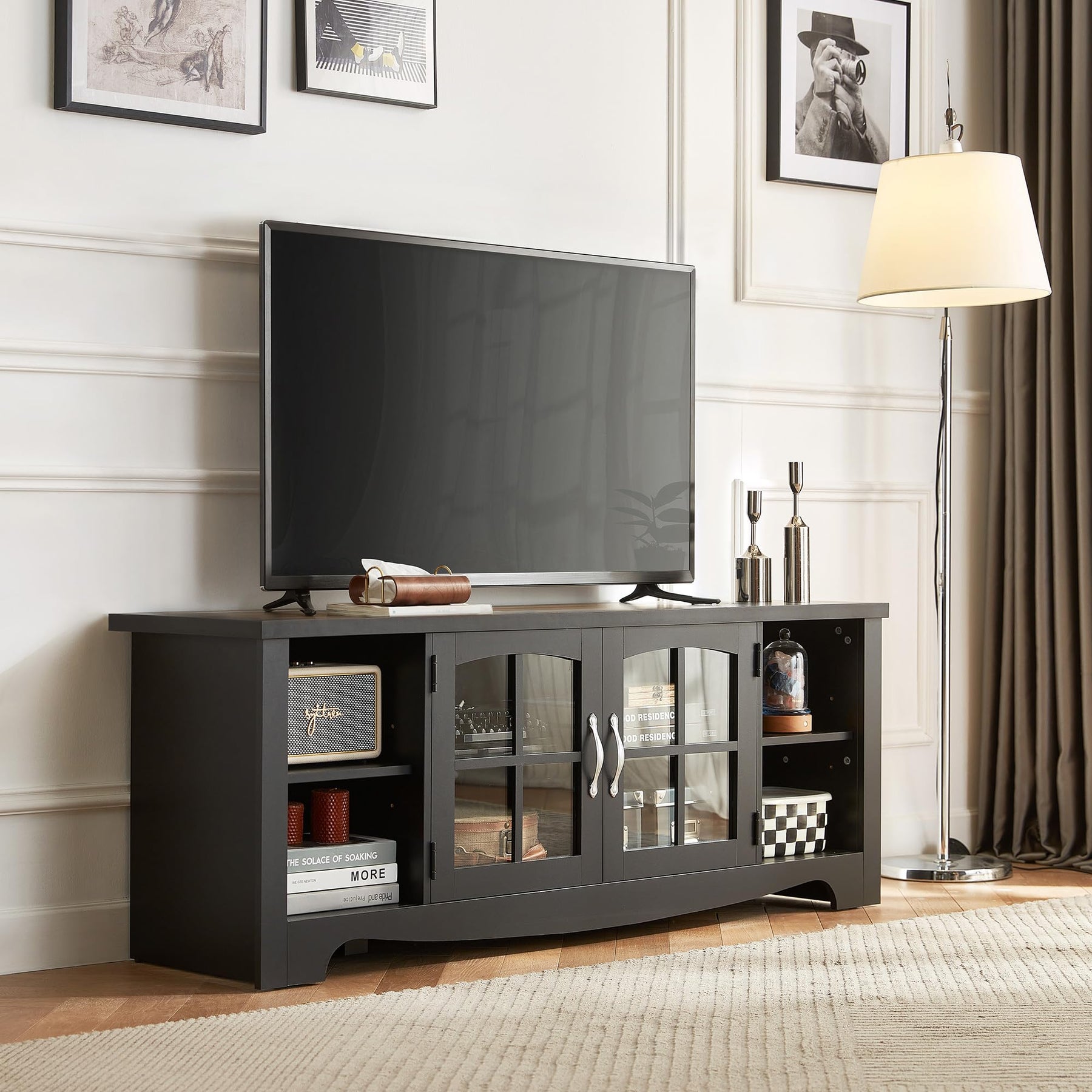 LINSY HOME Farmhouse TV Stand for 65 Inch TV, Wood Entertainment Center with Glass Door Storage Cabinet & Adjustable Shelves, Large Sturdy TV Console Table for Living Room Bedroom
