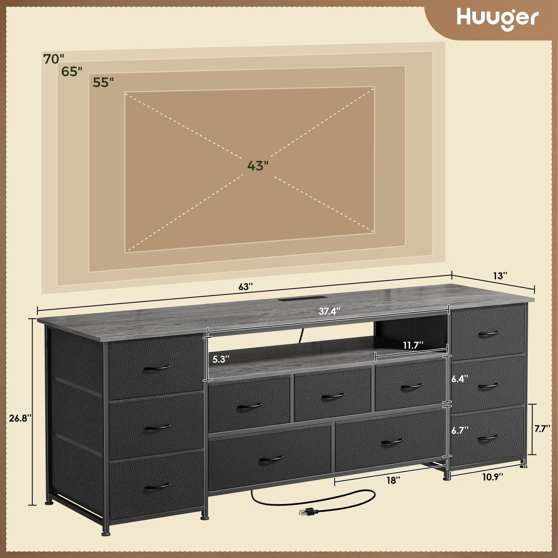 Huuger 63 Inch TV Stand for 65, 70 Inch TV, 11 Drawer Long Dresser with Power Outlets and LED Lights, Entertainment Center with Storage, Black Dresser with PU Leather Surface
