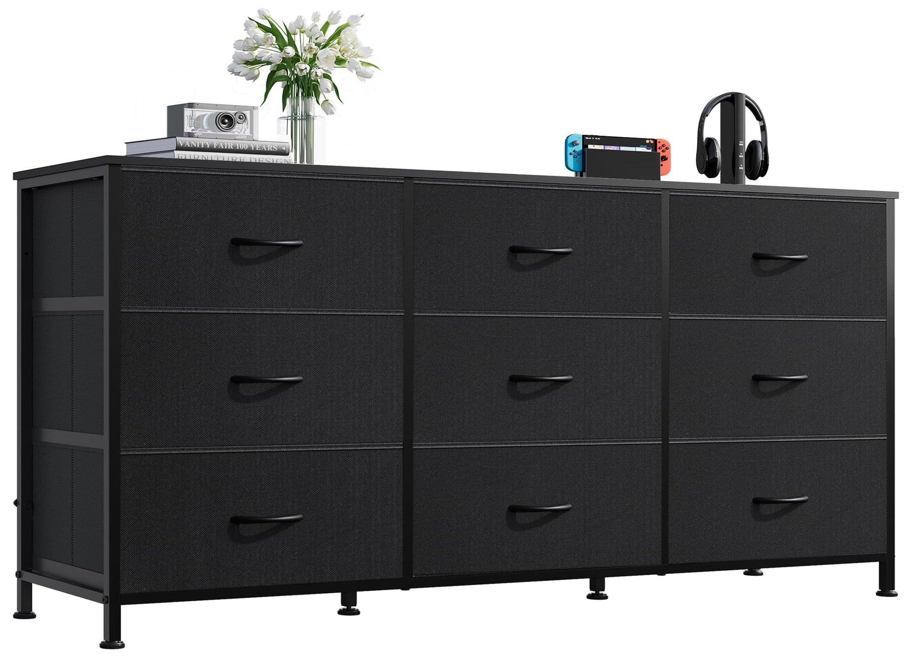 WLIVE Dresser TV Stand for 75 Inch TV, 9 Drawer Dresser for Bedroom, Black