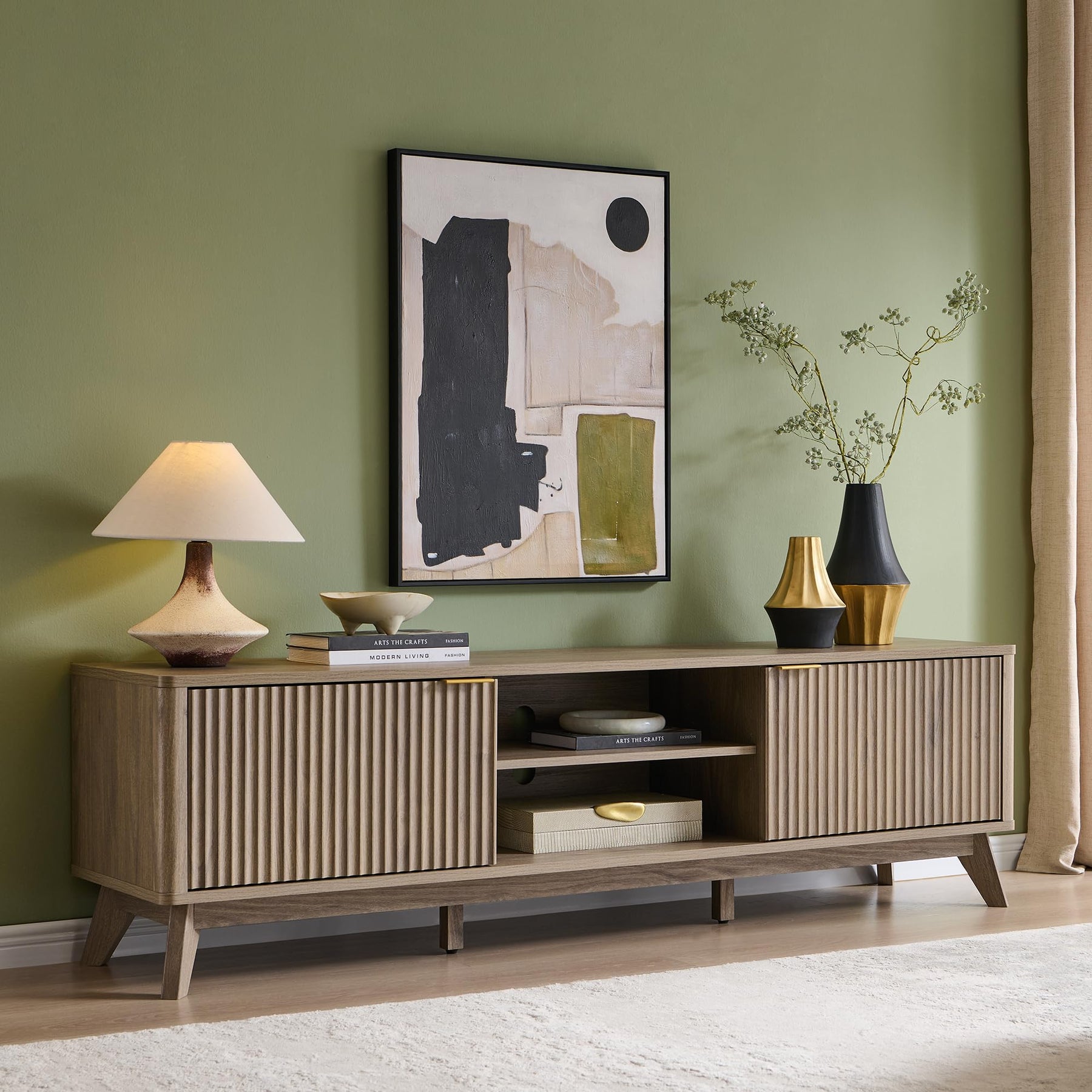 OKD 70" Mid Century Modern Fluted TV Stand w/ 2 Soft Close Door,Natural Oak