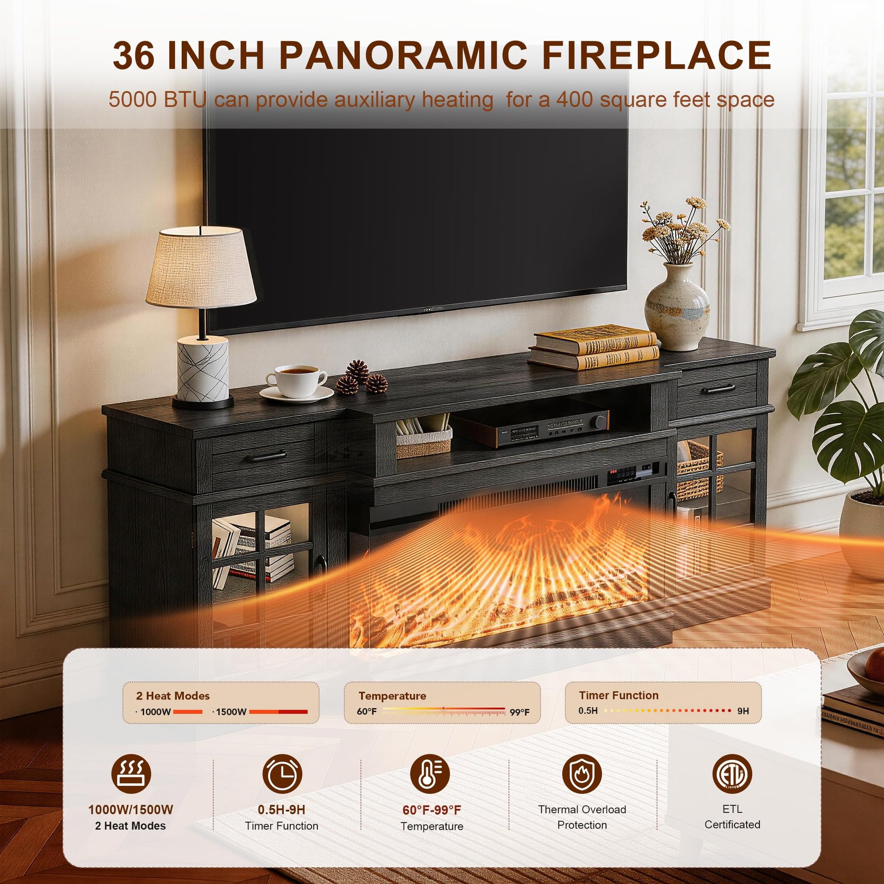 MXV 70" Fireplace TV Stand, 3-Sided Glass Fireplace and Modern Entertainment Center, Wooden Media Console with Glass Doors & Storage Drawers, LED Light, for Living Room, Antique White