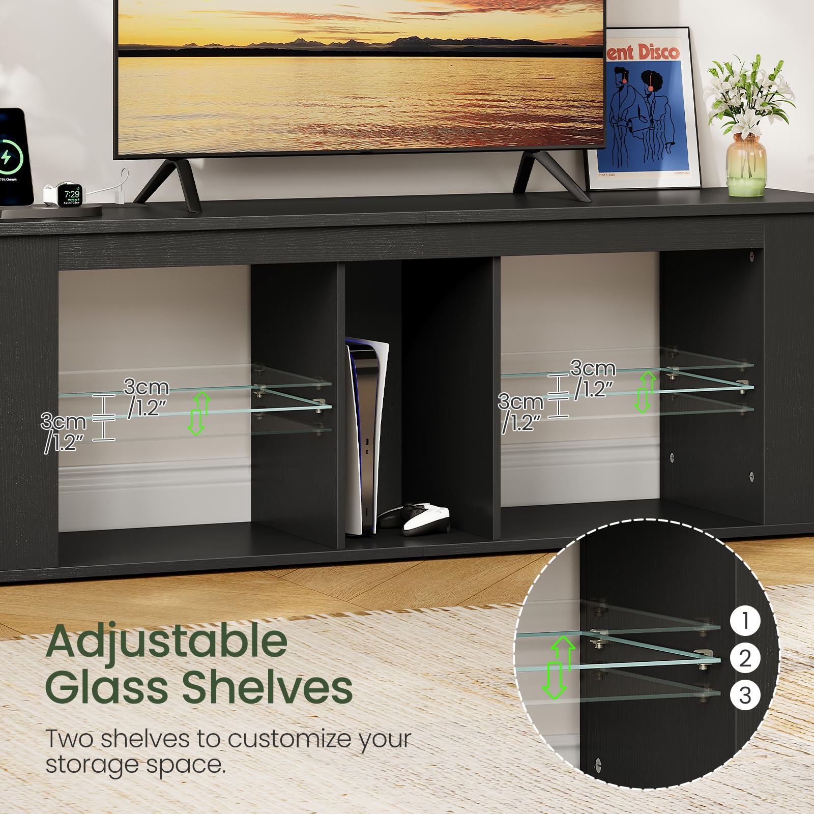 CHOEZON 55" TV Stand for up to 65" TVs with RGB LED Lights, Built-in Power Outlet, Adjustable Glass Shelves & Open Storage, Modern Media Console for Living Room & Game Room, Black MDS05UDBB