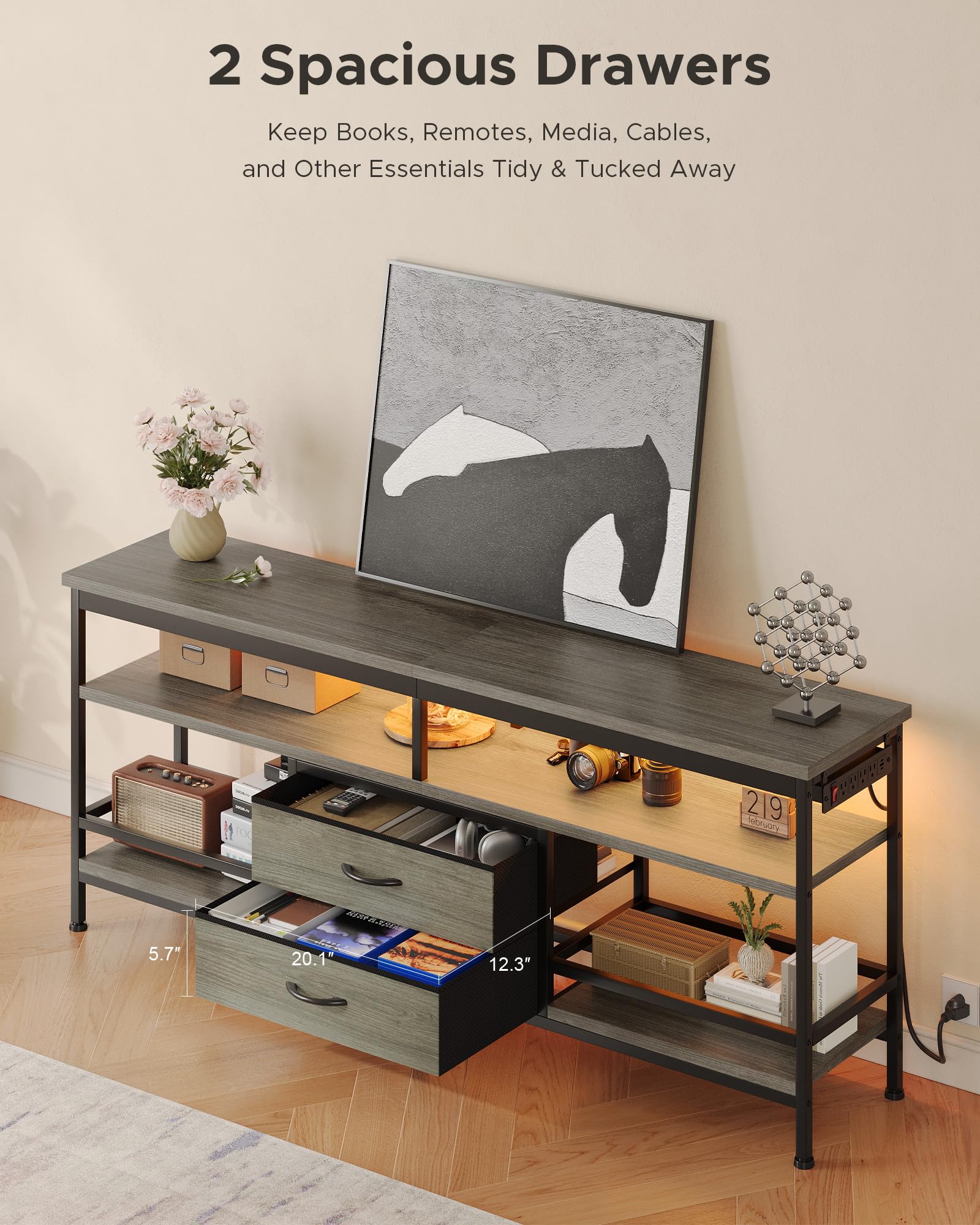 Lazzanto 63in TV Stand for 55-75in TVs, LED Lights, Charging Station, Black