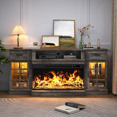 MXV 70" Fireplace TV Stand, 3-Sided Glass Fireplace and Modern Entertainment Center, Wooden Media Console with Glass Doors & Storage Drawers, LED Light, for Living Room, Antique White